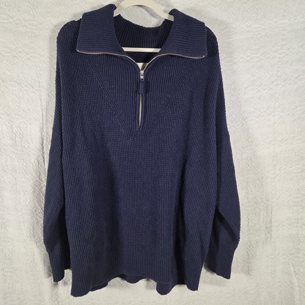 Aerie Navy Blue Waffle Knit Quarter‎ Zip Sweater XL Oversized Cozy Casual Lounge